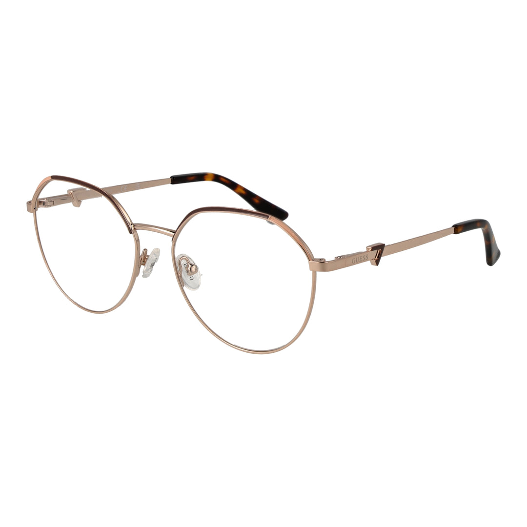 Rose gold thin metal round eyeglasses with tortoiseshell temple tips on a neutral background for Women