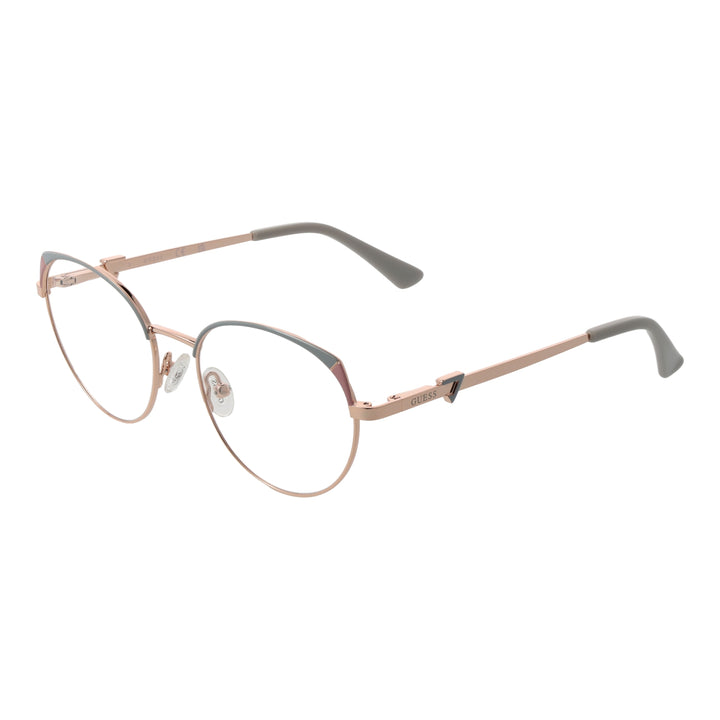 Rose gold thin metal round eyeglasses with grey lenses and decorative temple accents for Women