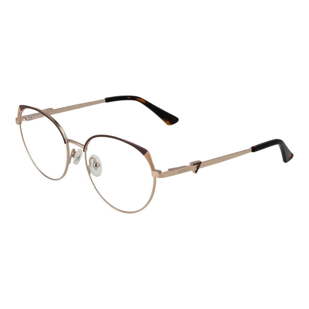 Rose-gold thin metal round eyeglasses with tortoiseshell temple tips on neutral background, front view