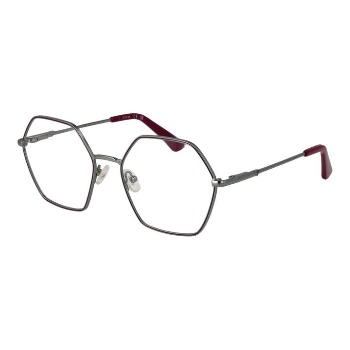 Silver hexagonal eyeglasses with thin metal frame and burgundy plastic temple tips on white background