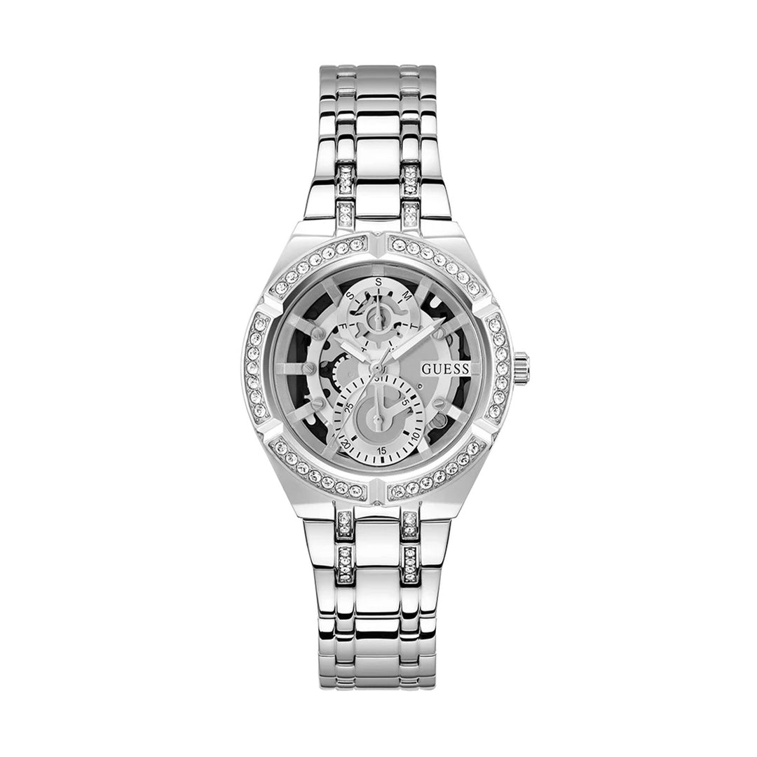 Silver stainless steel wristwatch with crystal-set bezel and bracelet on mineral dial, 36 mm case for Man