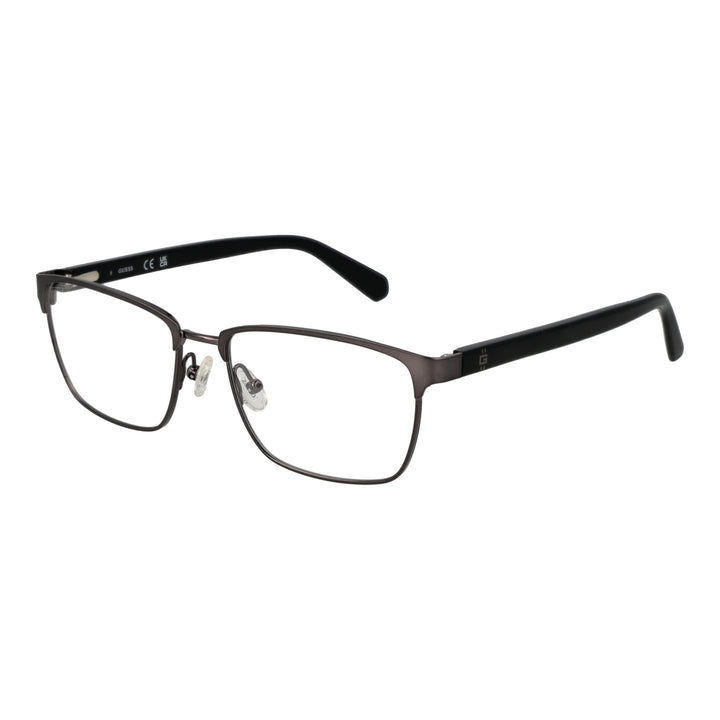 Unisex thin black metal rectangular eyeglasses with adjustable nose pads and dark gray plastic temple tips