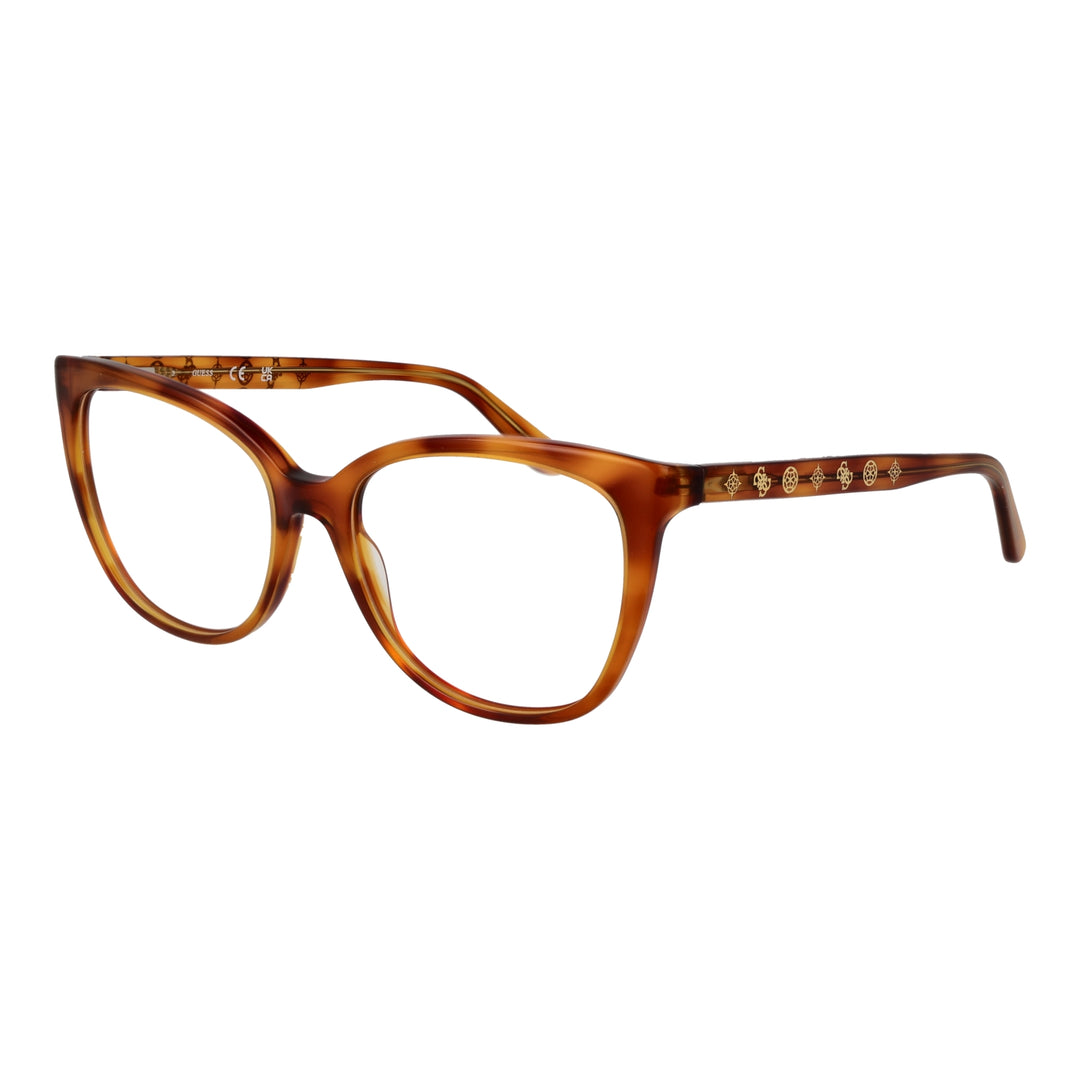 Tortoise brown cat-eye eyeglasses for Women with decorative gold symbols on temples, plastic frame