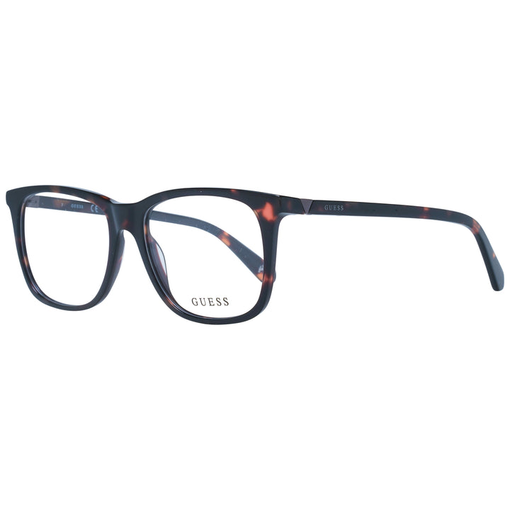 Unisex tortoise shell full-rim eyeglasses in brown and orange, rectangular lenses, Guess logo on temple
