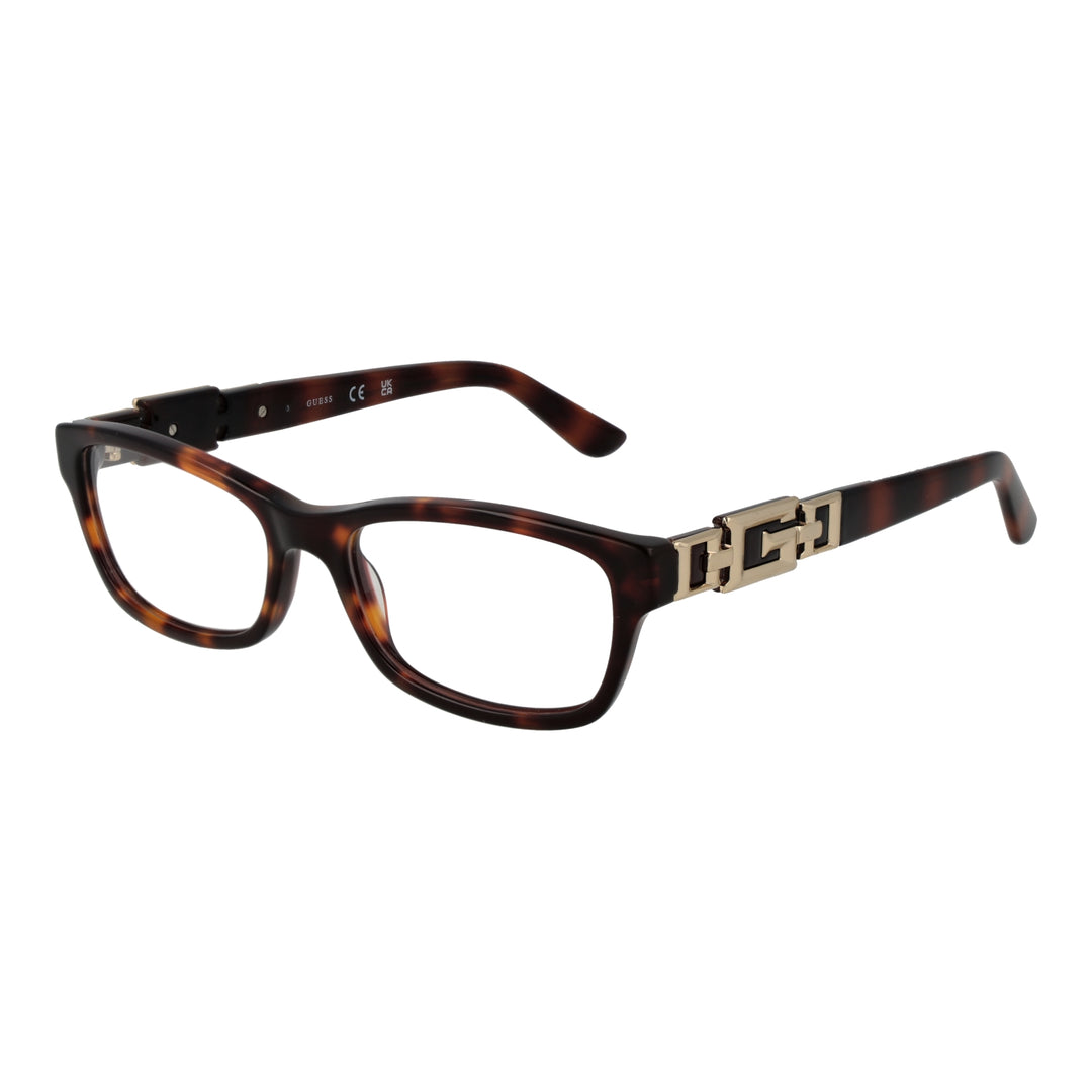 Tortoise brown full-rim rectangular eyeglasses with gold decorative hinge, lightweight plastic frame, front three-quarter view