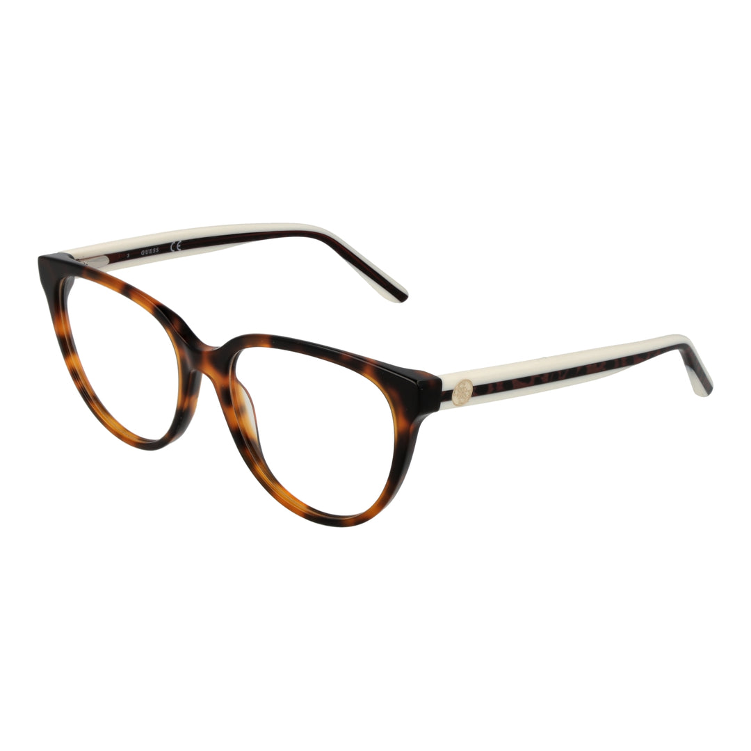 Two-tone tortoise shell brown and white round eyeglasses with gold emblem on temples, plastic frame