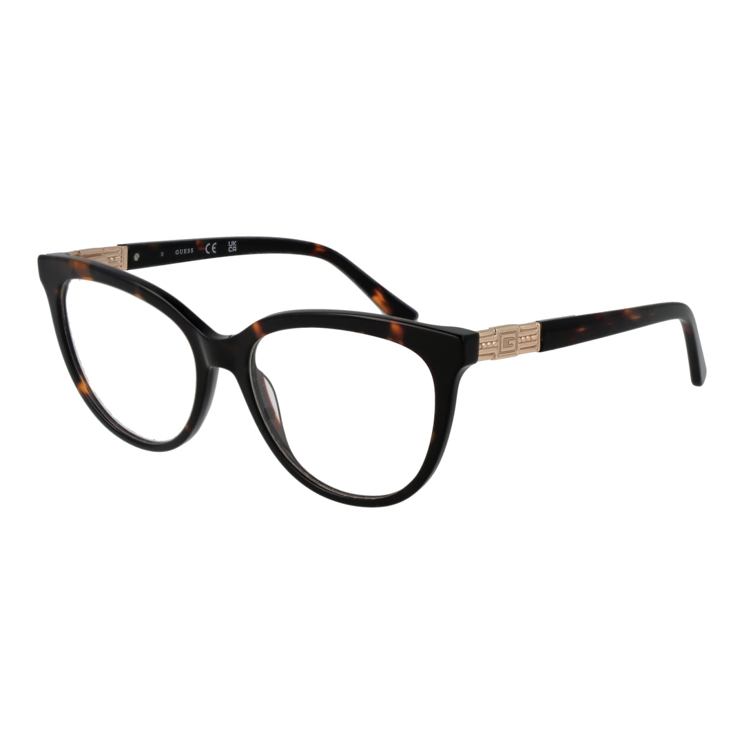 Black tortoiseshell cat-eye eyeglasses for Women with gold temple emblem, plastic frame and metal accents