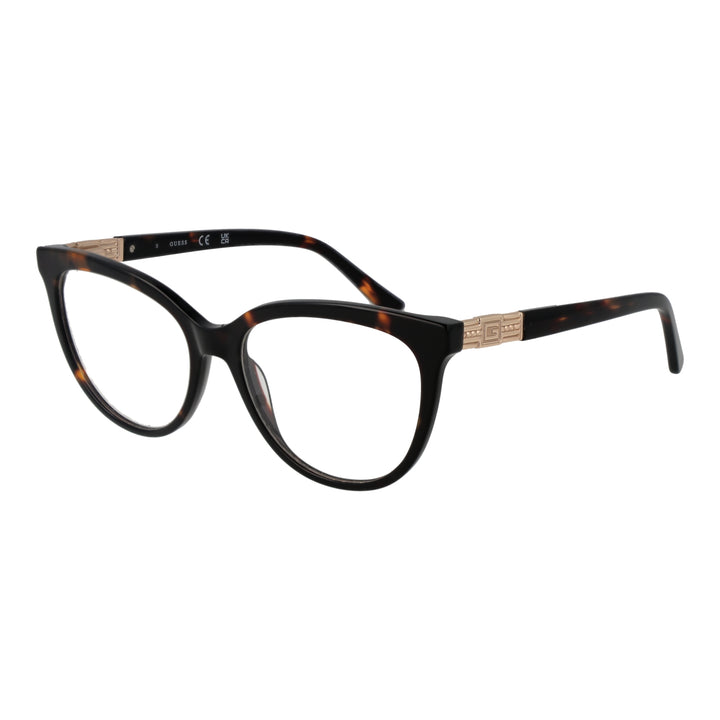 Black tortoiseshell cat-eye eyeglasses for Women with gold temple emblem, plastic frame and metal accents