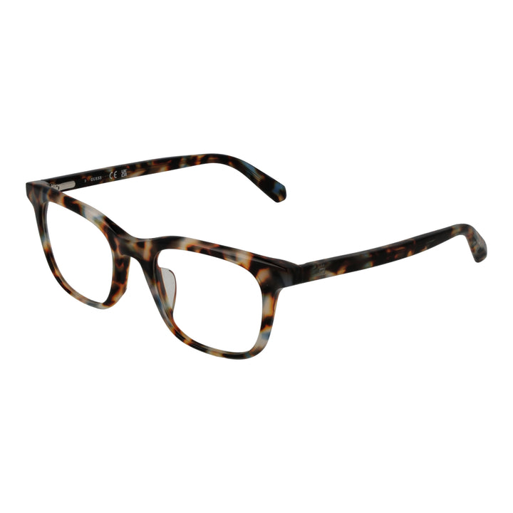Unisex tortoiseshell rectangular full-rim eyeglasses in brown, black, and beige with curved temples