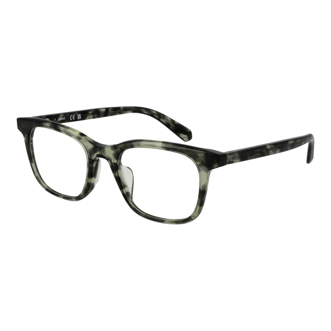 Unisex green and black tortoiseshell full-rim rectangular eyeglasses in plastic frame, modern design, front view