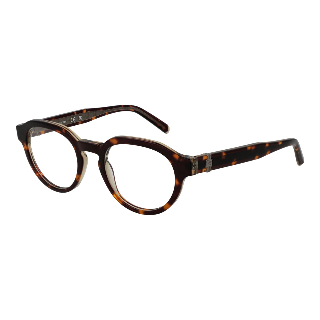 Unisex tortoiseshell round eyeglasses in plastic with metal 'G' hinge, warm brown pattern, front view