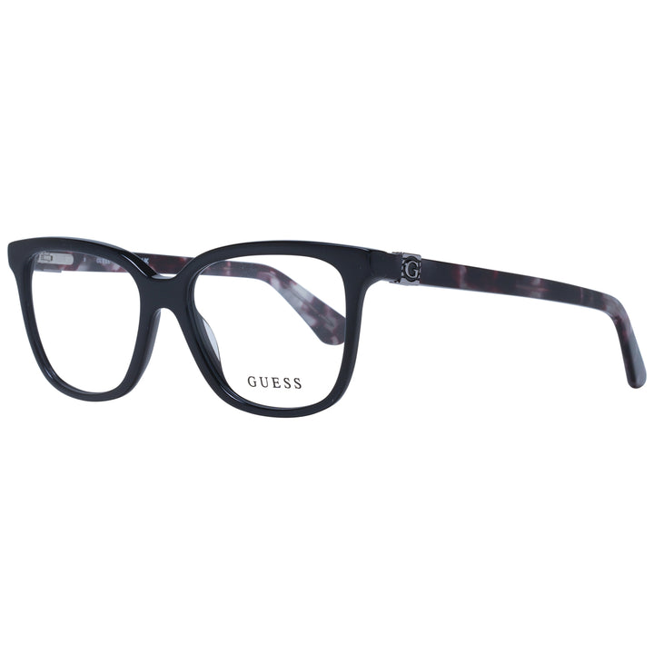 Black rectangular eyeglasses with tortoiseshell patterned temples and logo hinge detail viewed three-quarter