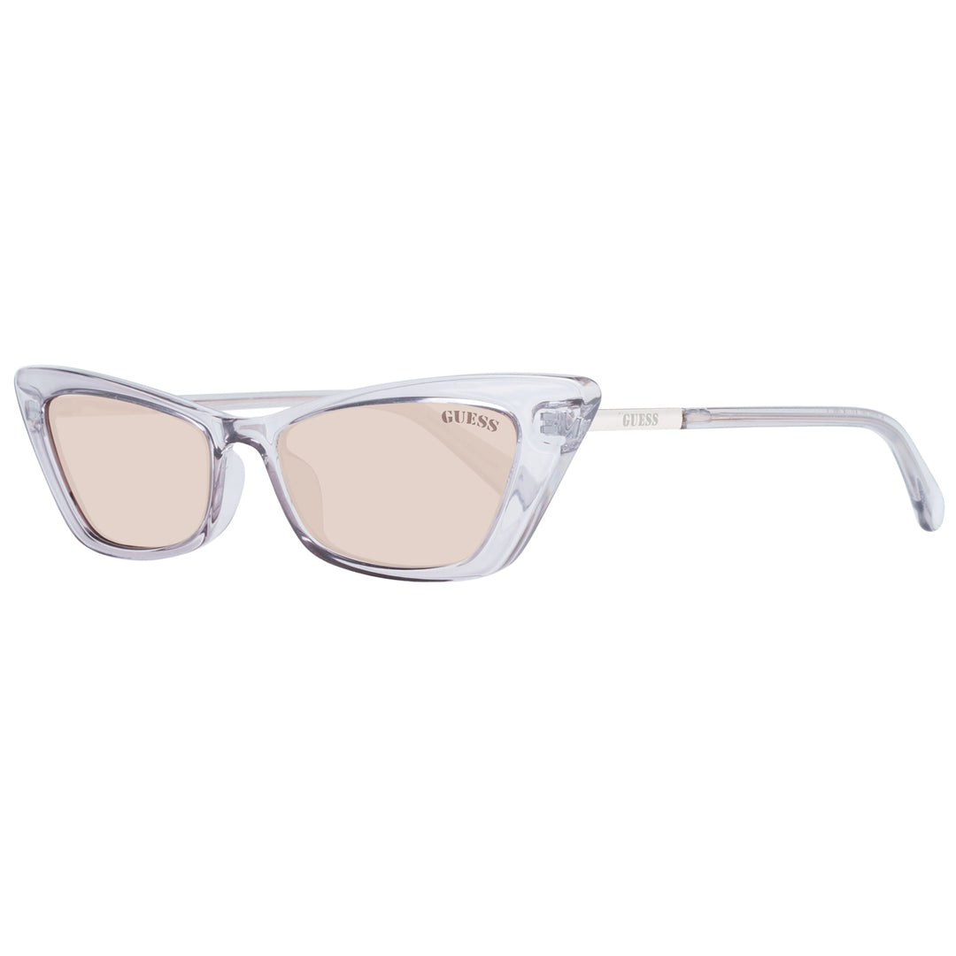 Transparent light purple cat-eye sunglasses with light pink lenses and logo on lens and temple