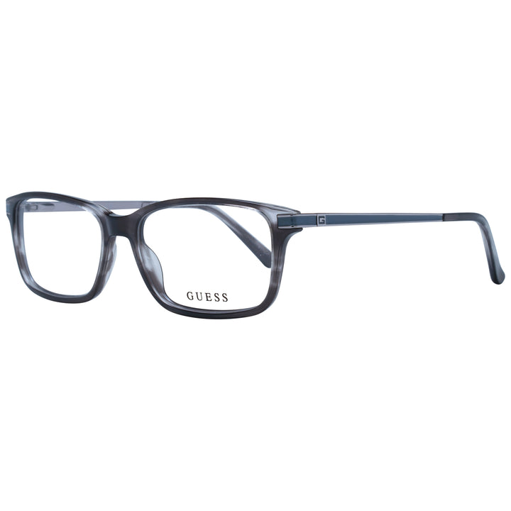 Unisex transparent rectangular eyeglasses with gray plastic frame and metal temples featuring logo detail