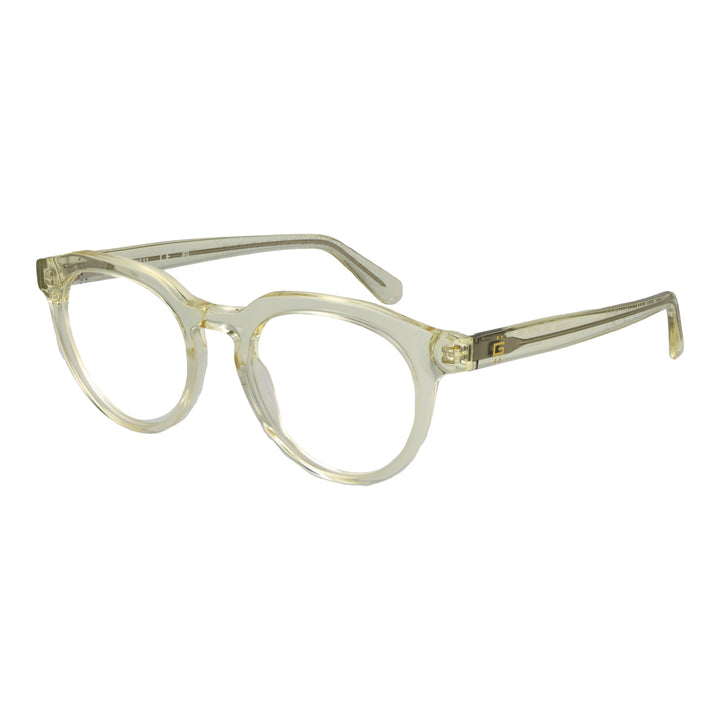 Unisex transparent yellow round eyeglasses in clear plastic frame showing round lenses and metal hinges on temples