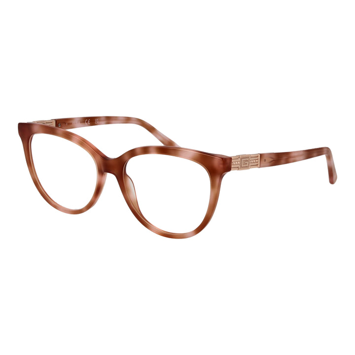 Brown plastic cat-eye eyeglasses with decorative metal temple accents on a neutral background for Women