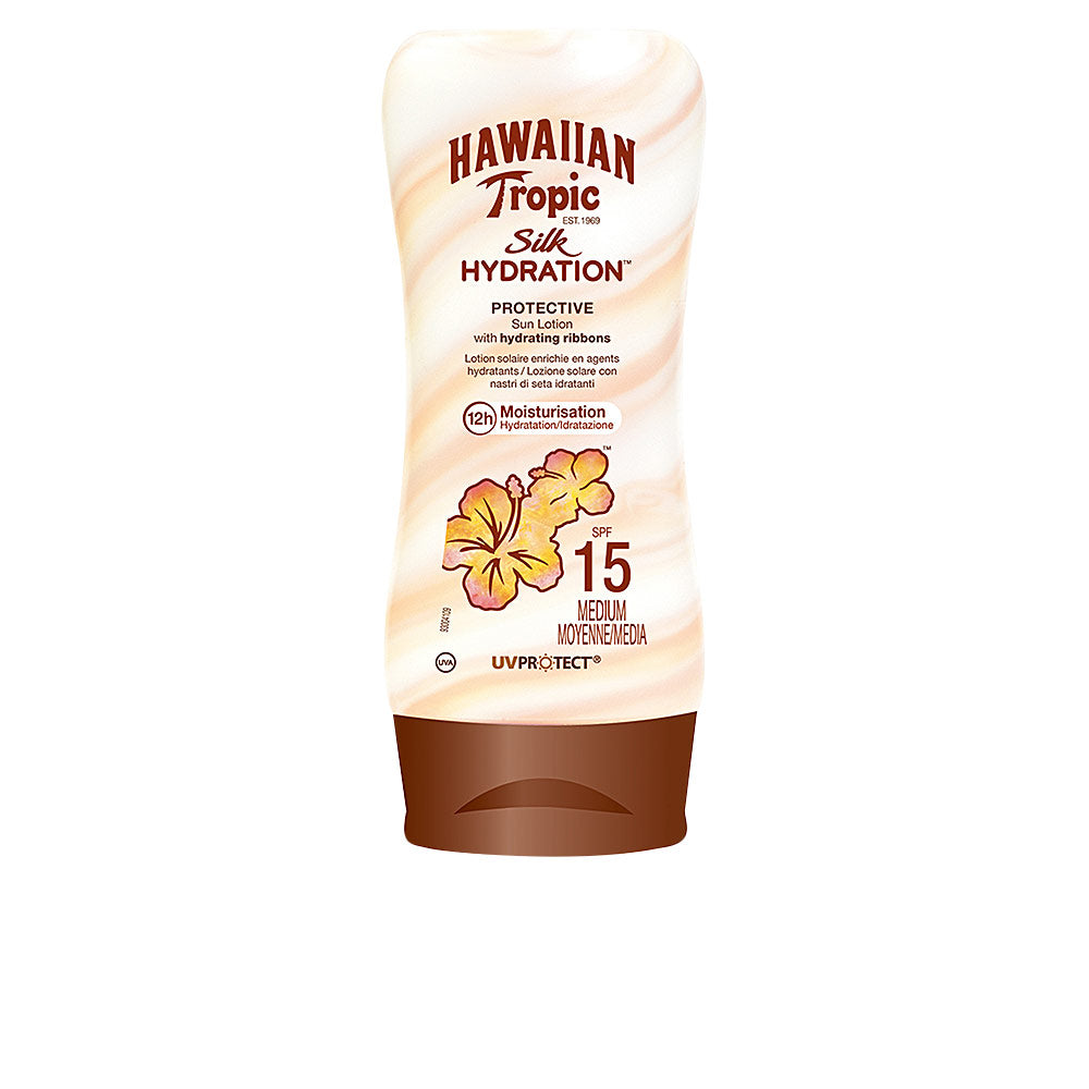 180 ml tube of silk-infused SPF 15 hydrating sun lotion, Unisex, water-resistant