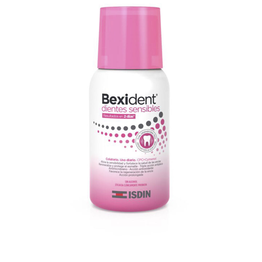 Isdin Small white and pink mouthwash bottle with pink cap, dotted black and pink pattern, front logo and tooth icon