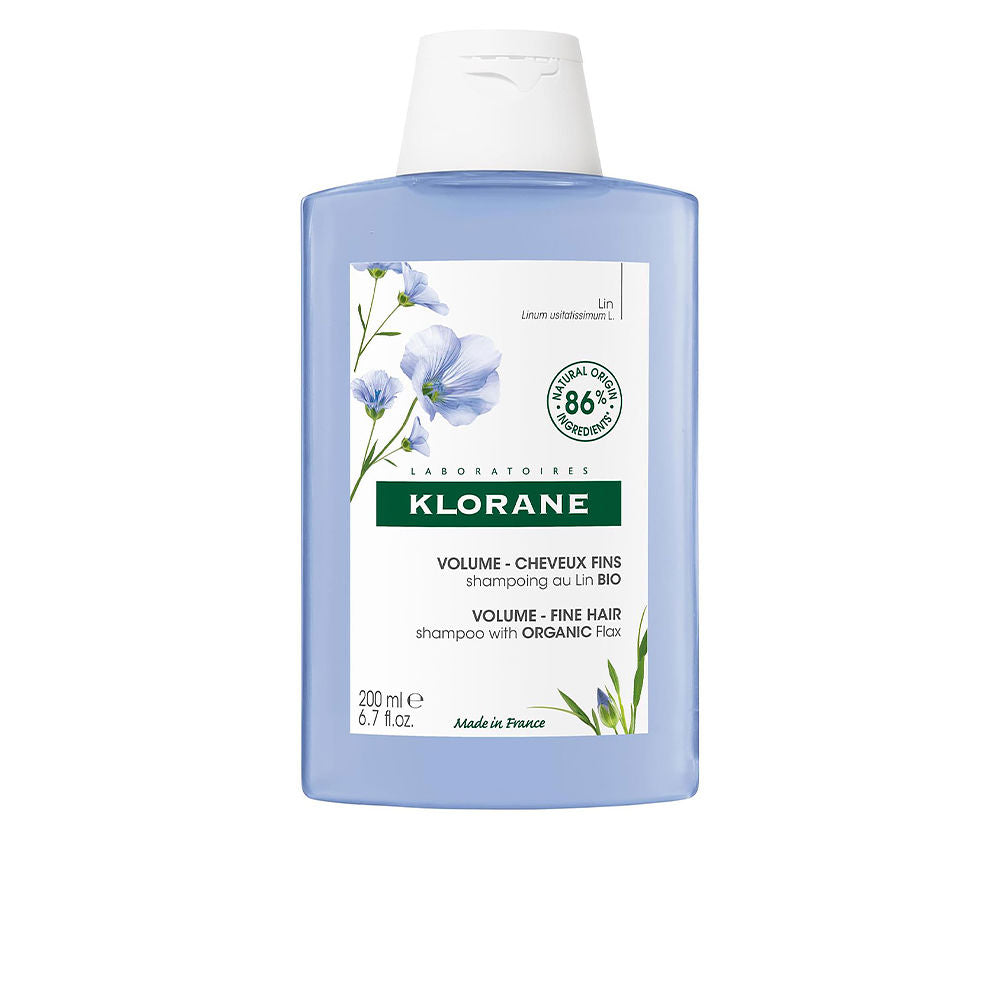 200 ml recyclable plastic bottle of organic linseed volumising shampoo, lightweight formula
