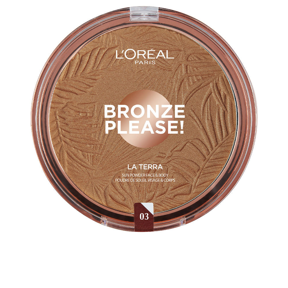 Pressed bronzer compact in medium caramel shade, velvety powder finish
