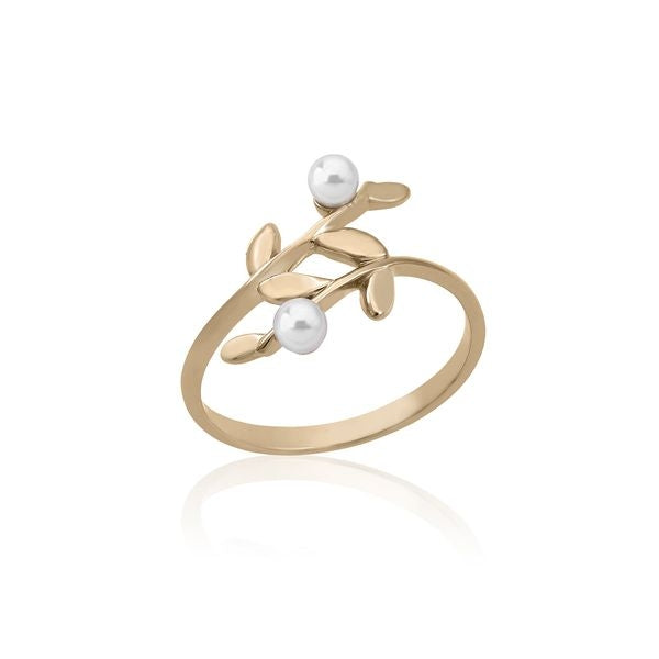 Gold-toned ring with two pearls and engraved leaf motif, delicate nature-inspired design.