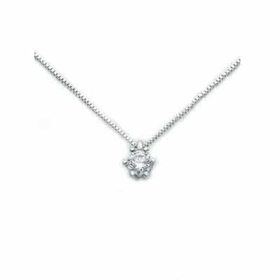 Delicate sterling silver pendant necklace with single clear stone on fine chain displayed flat