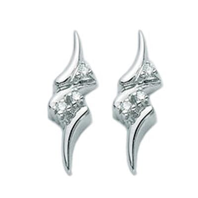 Silver curved stud earrings with embedded clear crystals on white background, showing front and side profiles