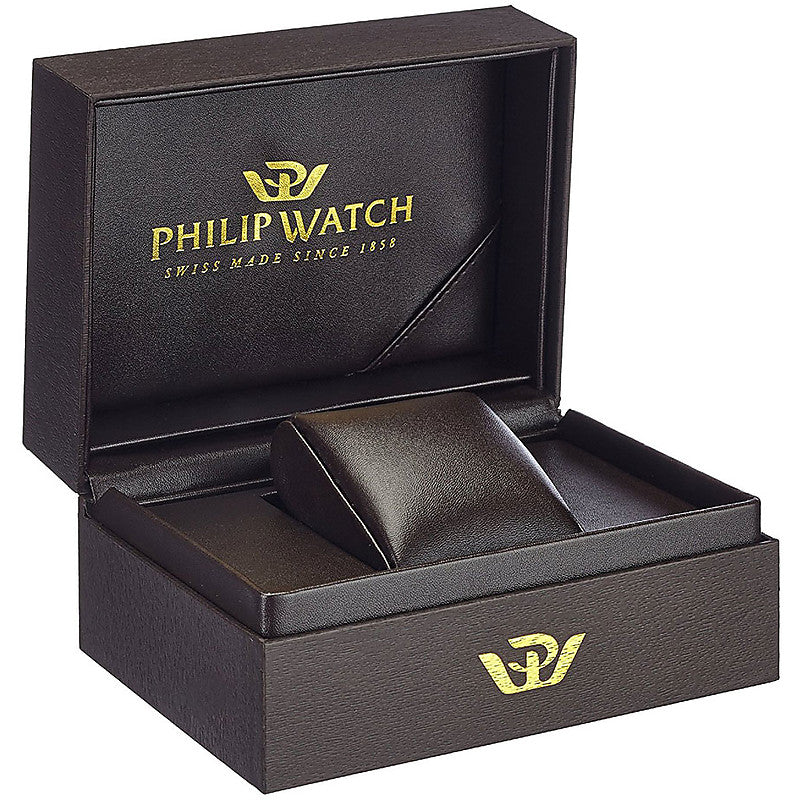 Silver stainless steel automatic watch with leather strap, white dial and gold accents