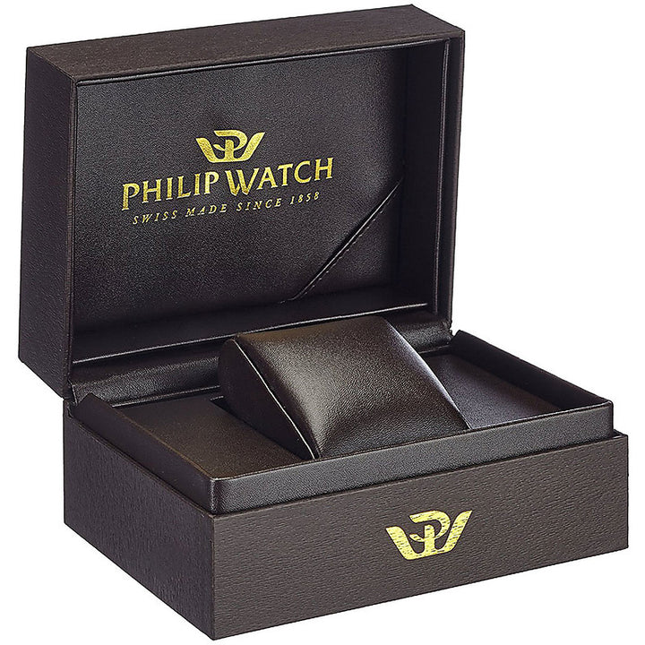 Silver stainless steel dress watch with black dial, Roman numerals, and date window