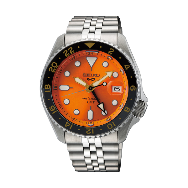 Silver stainless steel sports GMT watch with black dial and orange accents on bracelet