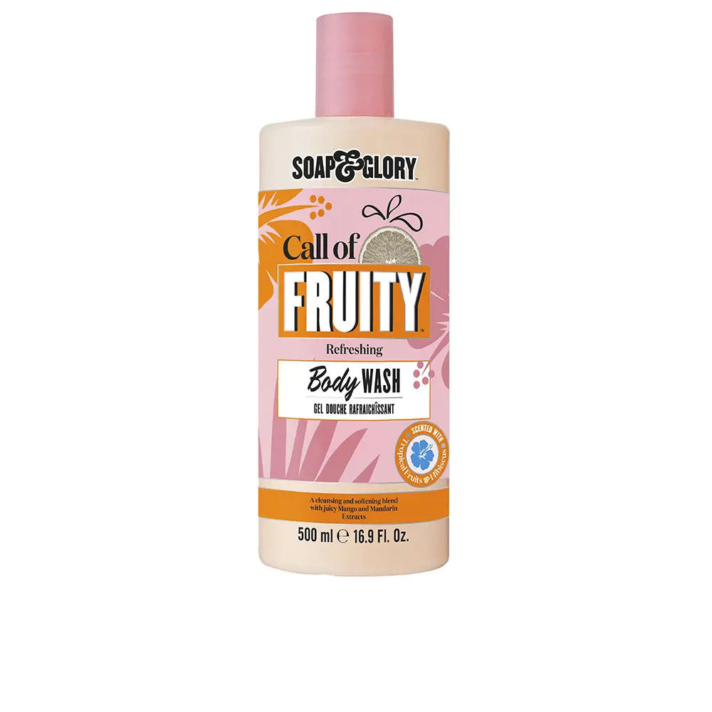 Soap & Glory Plastic cylindrical body wash bottle in pink, orange and beige with flip-top cap, fruit and floral graphics, bold text branding, measurement markings — .