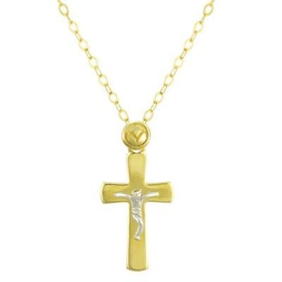 Gold pendant necklace showing a cross with figure of Jesus on a delicate chain against neutral background