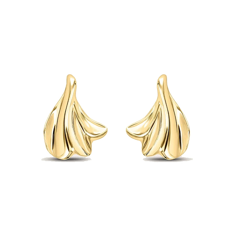 Stroili Gold Leaf Earrings: pair of polished gold-toned curved leaf drop earrings with smooth surfaces photographed on white