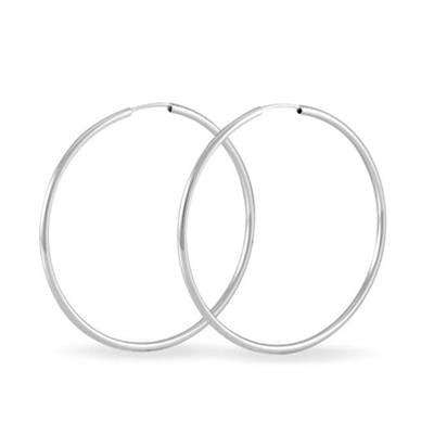 Pair of thin silver round hoop earrings with smooth polished metal surface on white background