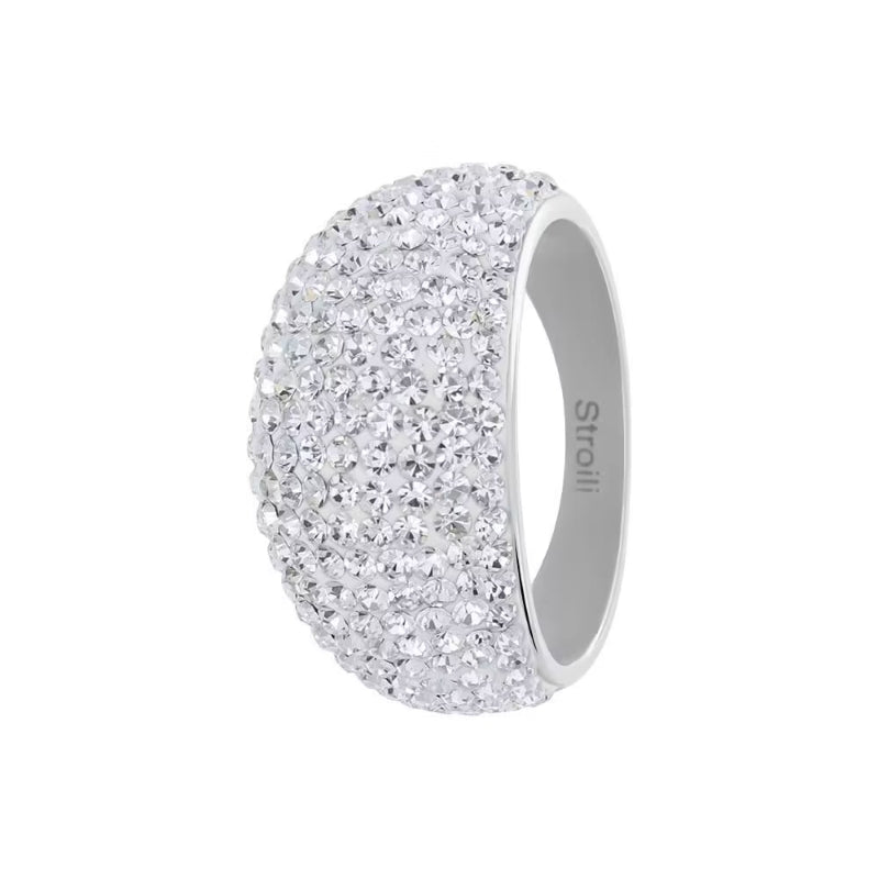 Close-up silver domed ring covered in pavé clear crystals on polished metal band