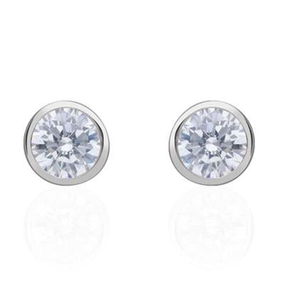 Pair of round silver stud earrings with faceted clear gemstones and polished metal posts