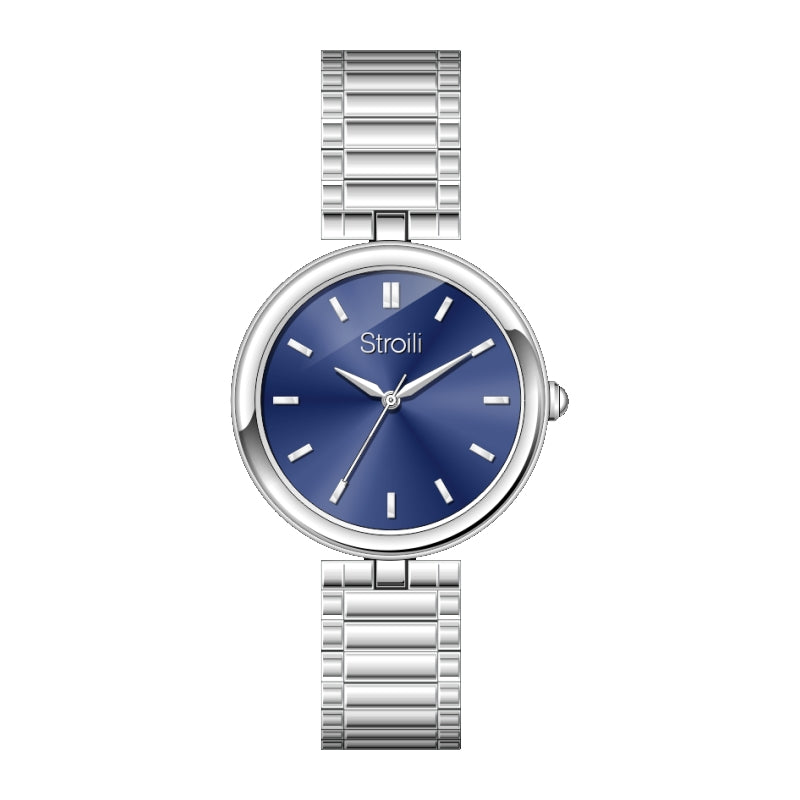 Silver stainless steel wrist watch for Women with blue minimalist dial and metal link bracelet