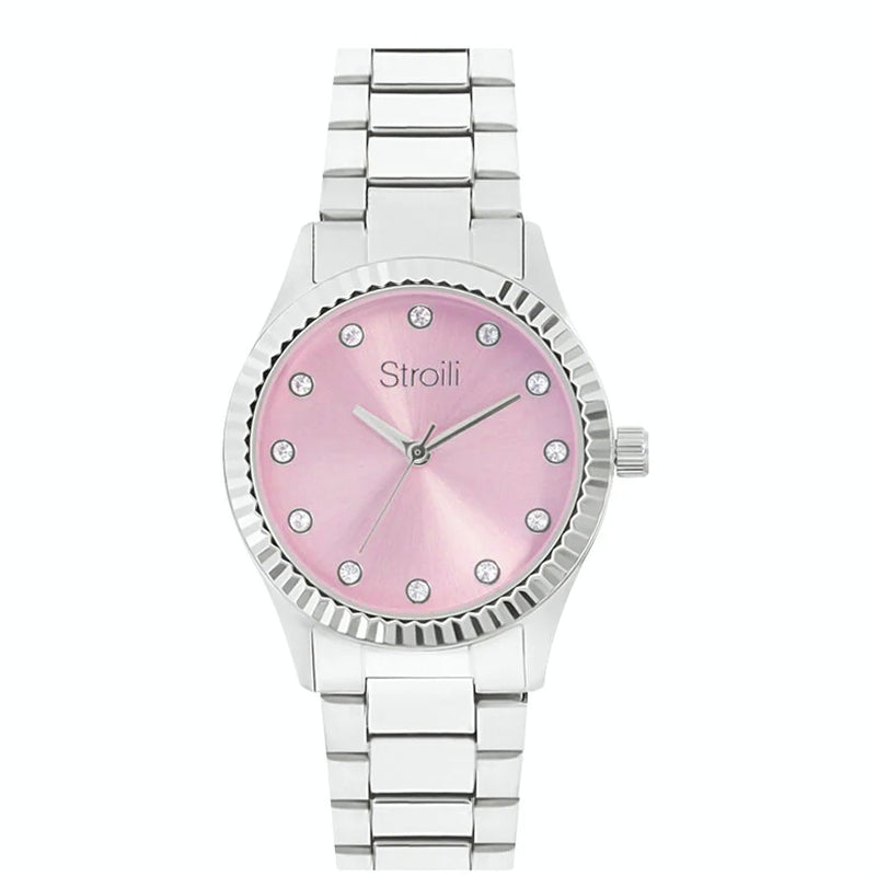 Silver stainless steel dress watch with pink dial, crystal hour markers, and fluted bezel on metal bracelet