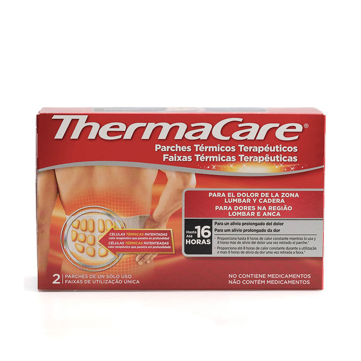 ThermaCare lumbar and hip thermal patches in ergonomic shape packaged for heat therapy