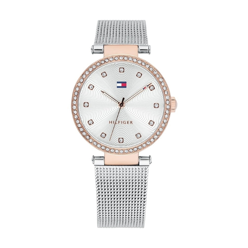 Tommy Hilfiger women’s dress watch with rose gold-tone bezel, silver mesh strap, white dial, crystal accents